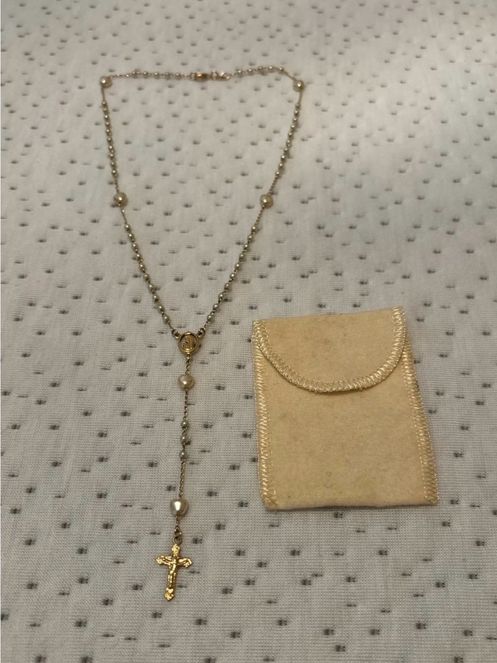 18k Gold Layered Pearl Rosary Necklace